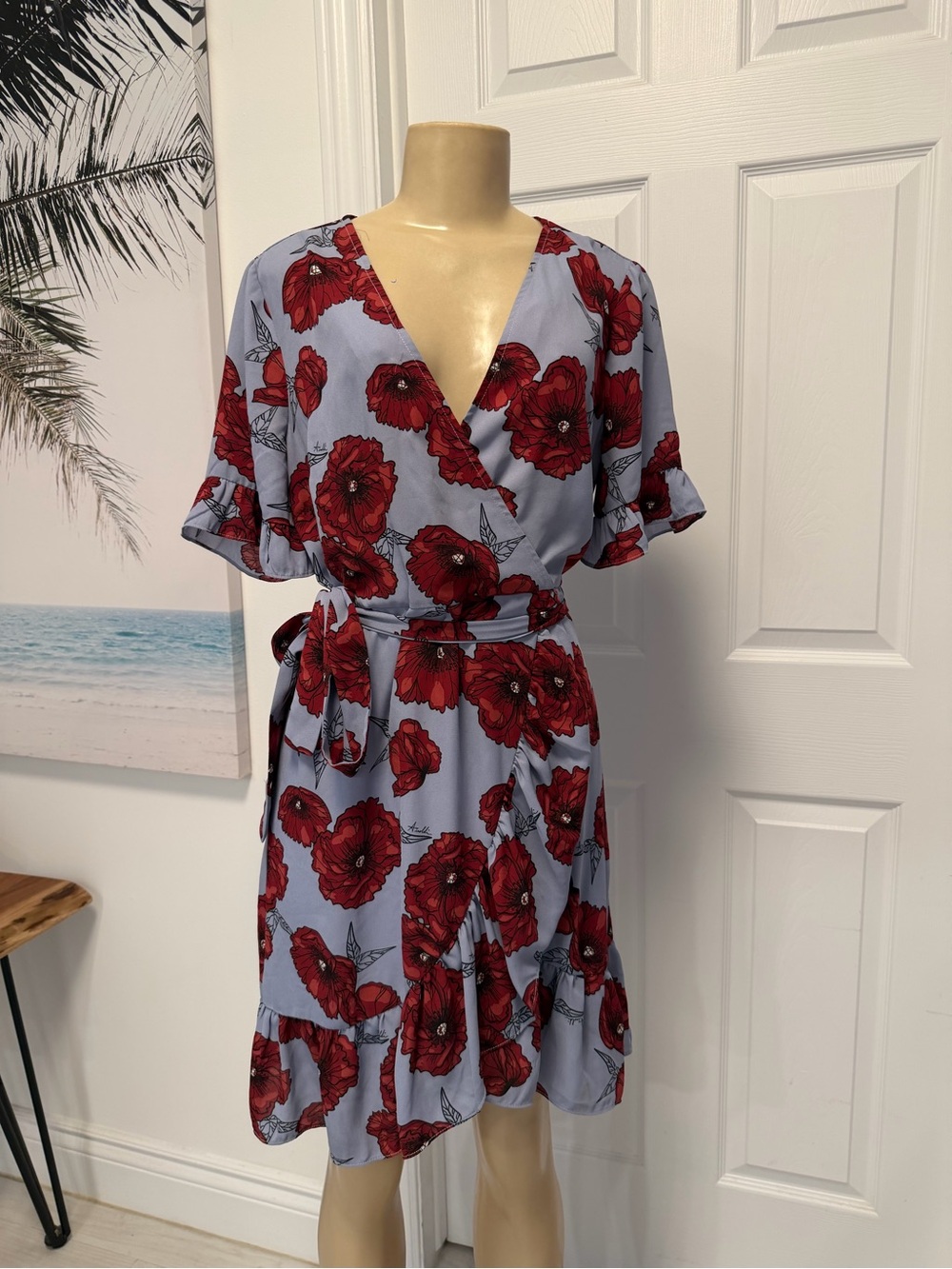 Red Floral Wrap Dress in Light Blue - Women's Dress